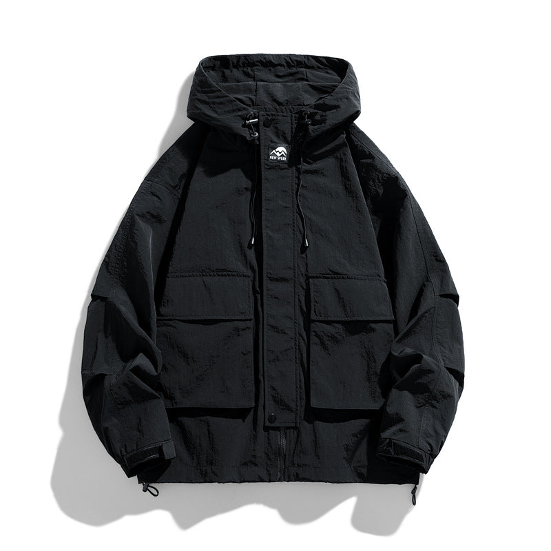 Outdoor Hooded Jacket with Windproof Waterproof Loose Fit Workwear Style Design
