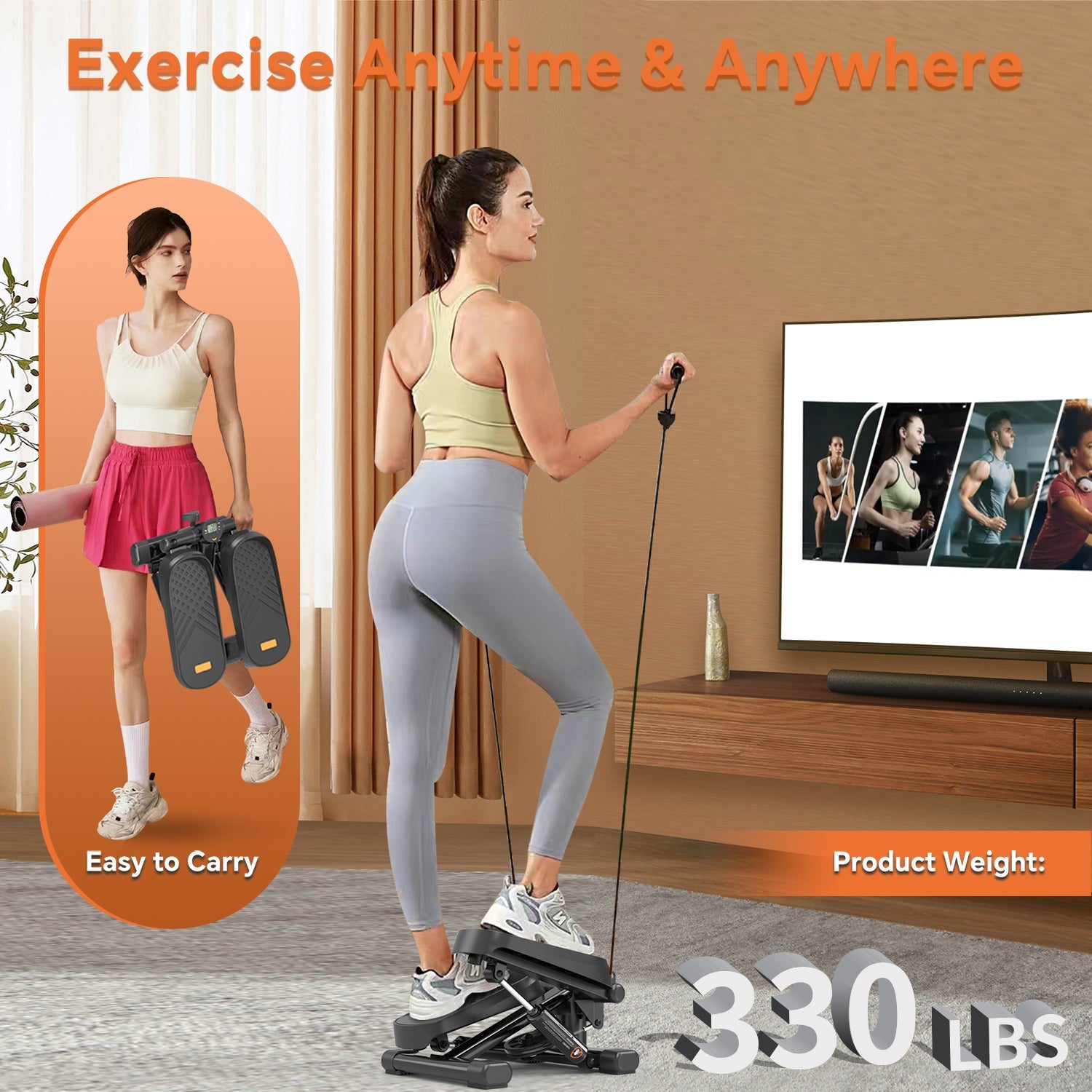 Mini Stepper with Resistance Bands and LCD Monitor for Home Exercise
