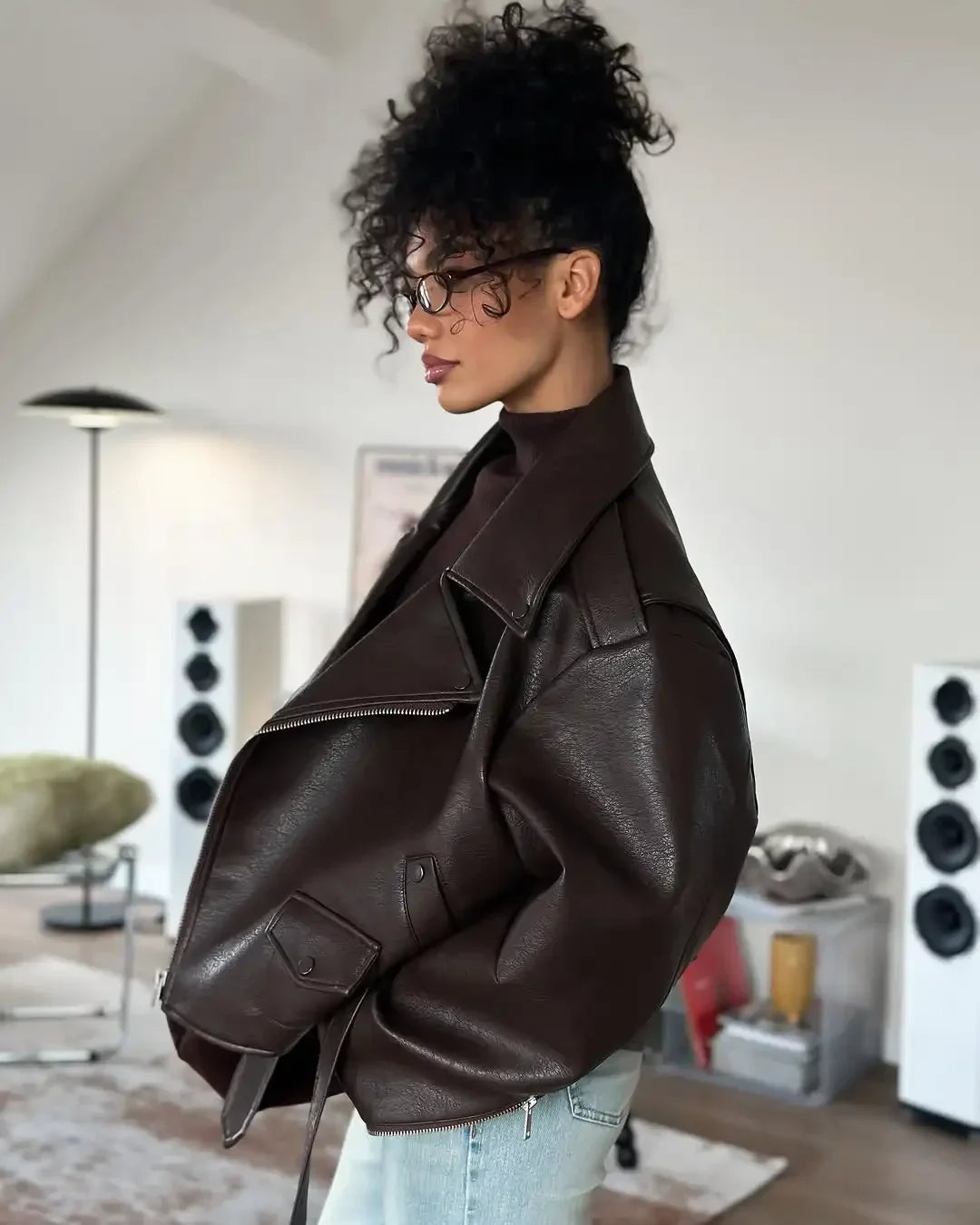 Women’s Brown PU Leather Motorcycle Jacket with Chic Streetwear Style Design