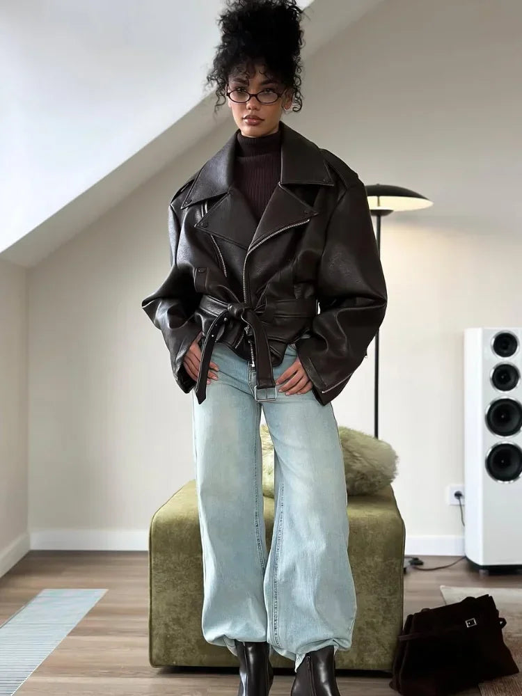 Women’s Brown PU Leather Motorcycle Jacket with Chic Streetwear Style Design