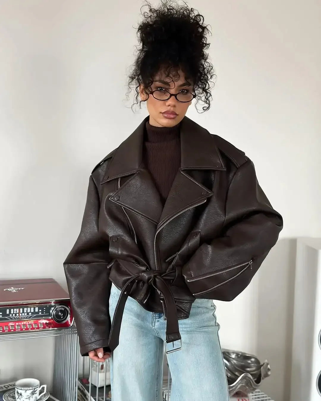 Women’s Brown PU Leather Motorcycle Jacket with Chic Streetwear Style Design