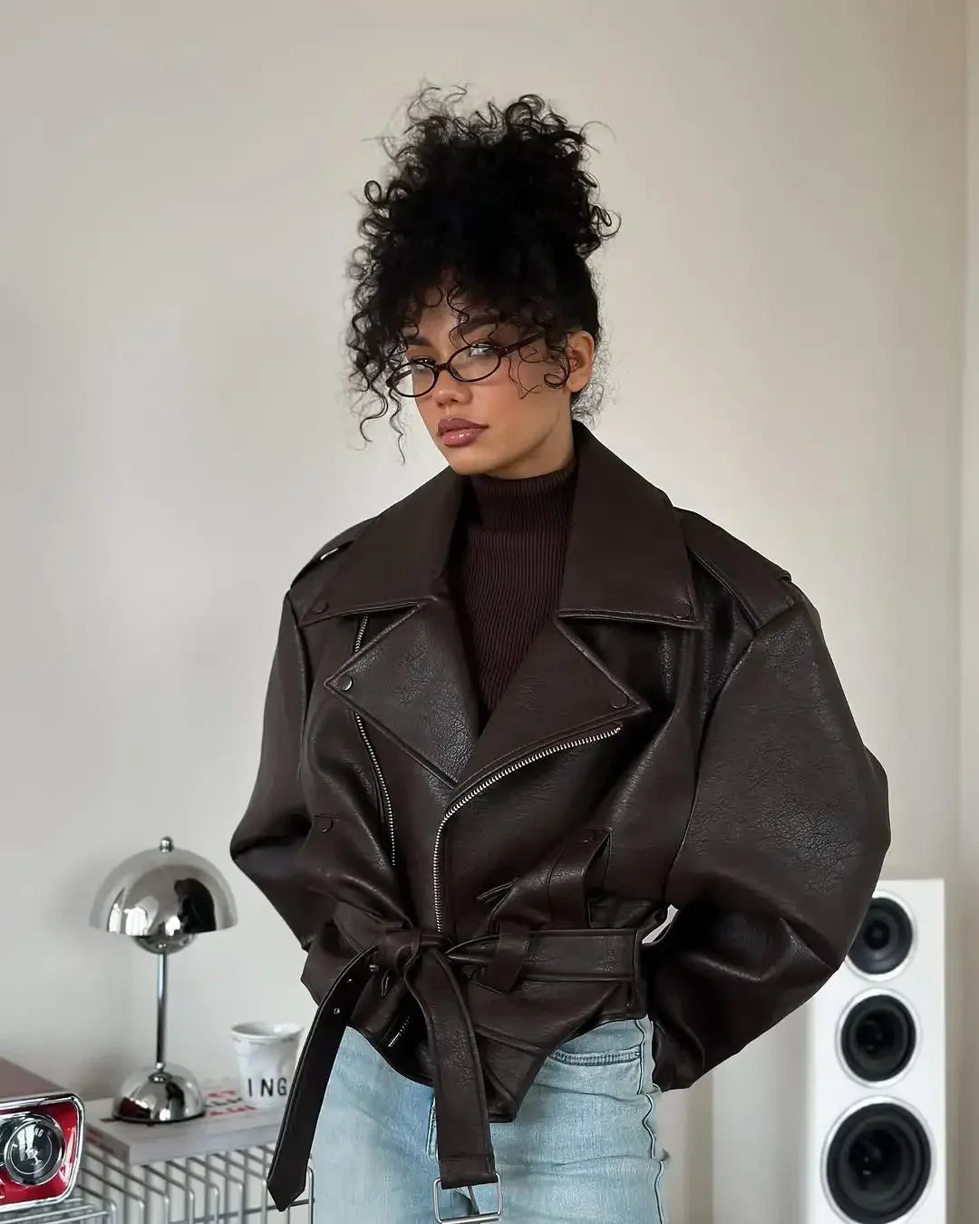 Women’s Brown PU Leather Motorcycle Jacket with Chic Streetwear Style Design