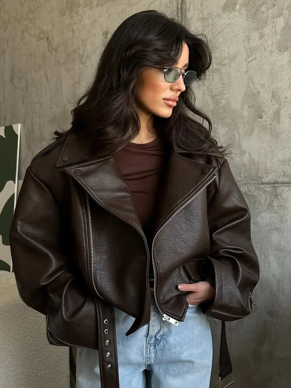 Women’s Brown PU Leather Motorcycle Jacket with Chic Streetwear Style Design