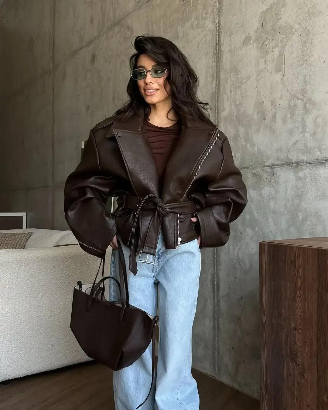Women’s Brown PU Leather Motorcycle Jacket with Chic Streetwear Style Design