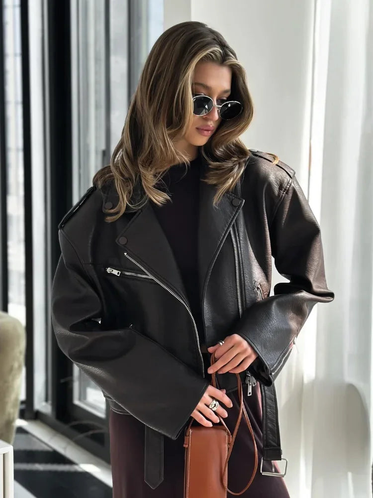Women’s Brown PU Leather Motorcycle Jacket with Chic Streetwear Style Design