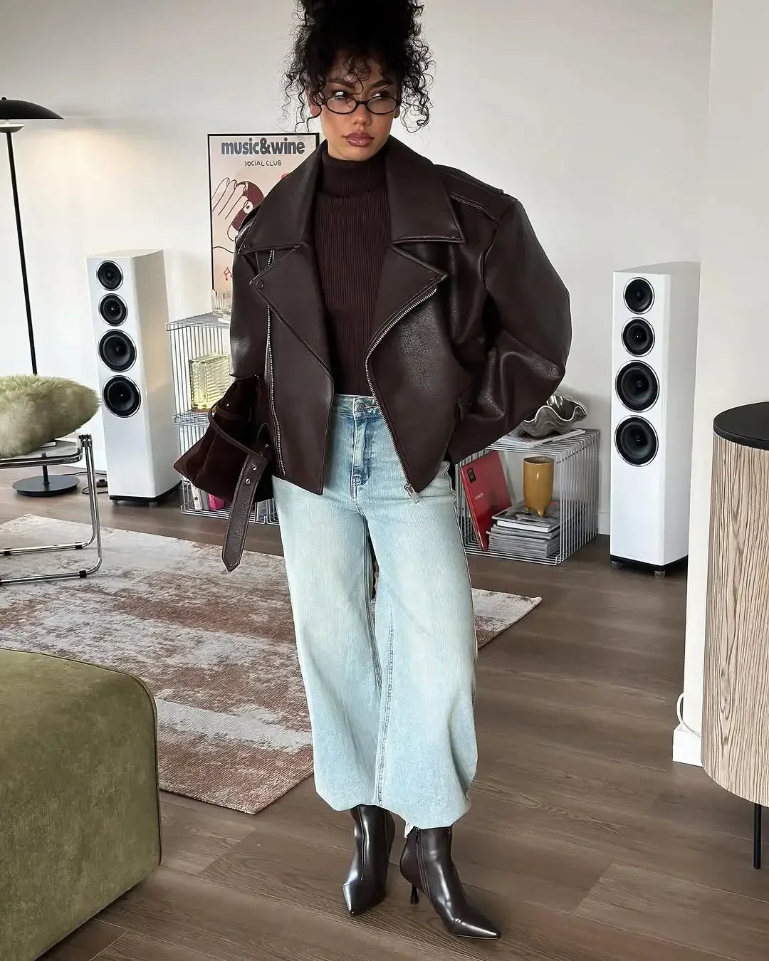 Women’s Brown PU Leather Motorcycle Jacket with Chic Streetwear Style Design