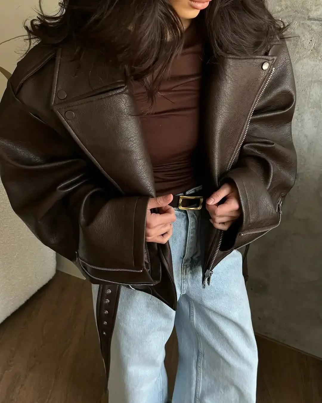 Women’s Brown PU Leather Motorcycle Jacket with Chic Streetwear Style Design