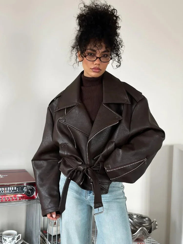 Women’s Brown PU Leather Motorcycle Jacket with Chic Streetwear Style Design