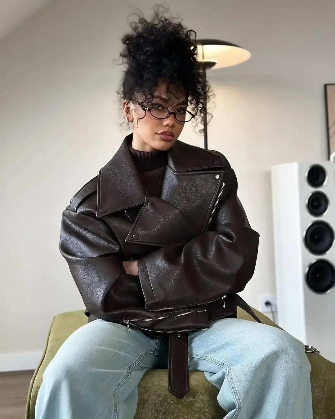 Women’s Brown PU Leather Motorcycle Jacket with Chic Streetwear Style Design