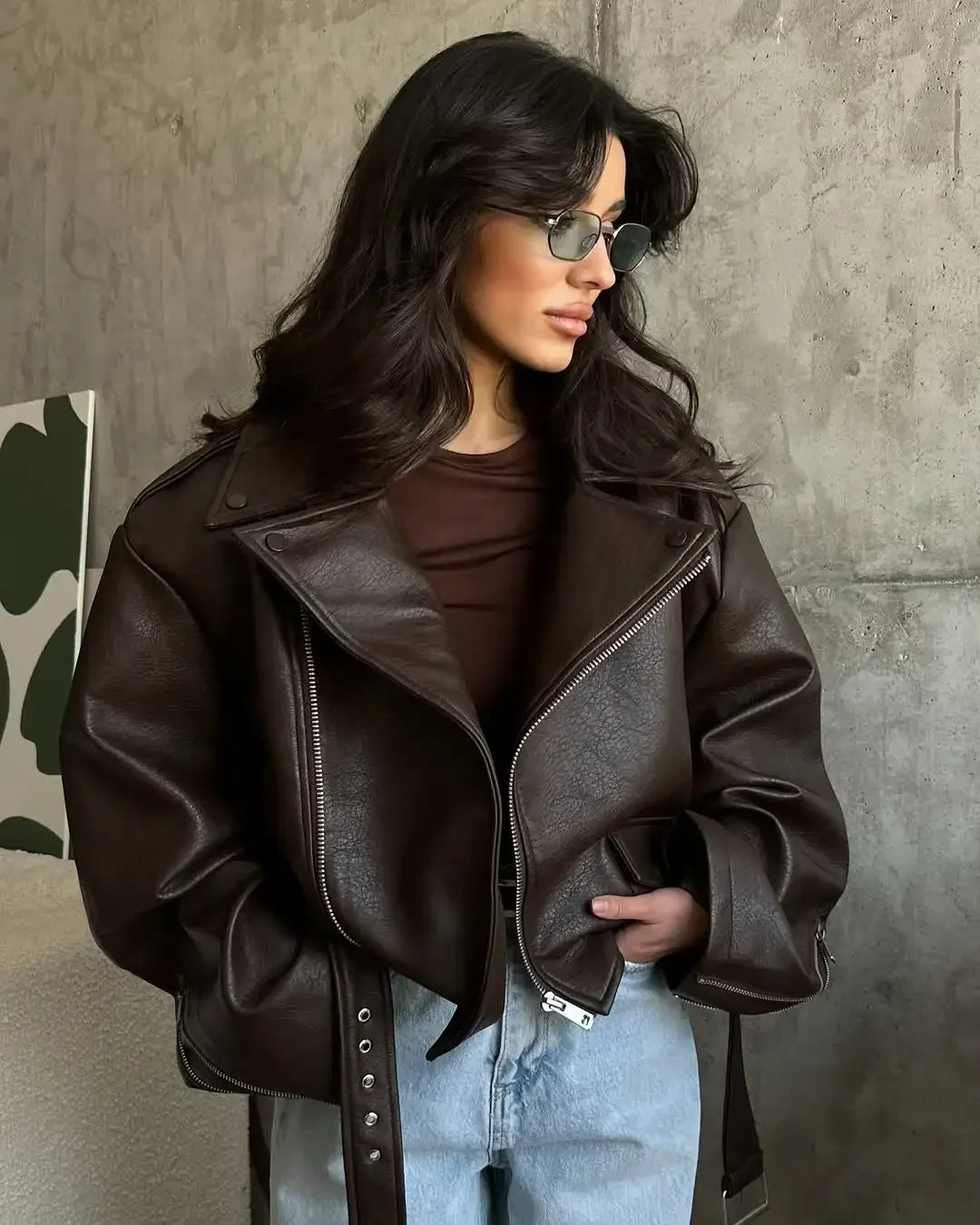 Women’s Brown PU Leather Motorcycle Jacket with Chic Streetwear Style Design