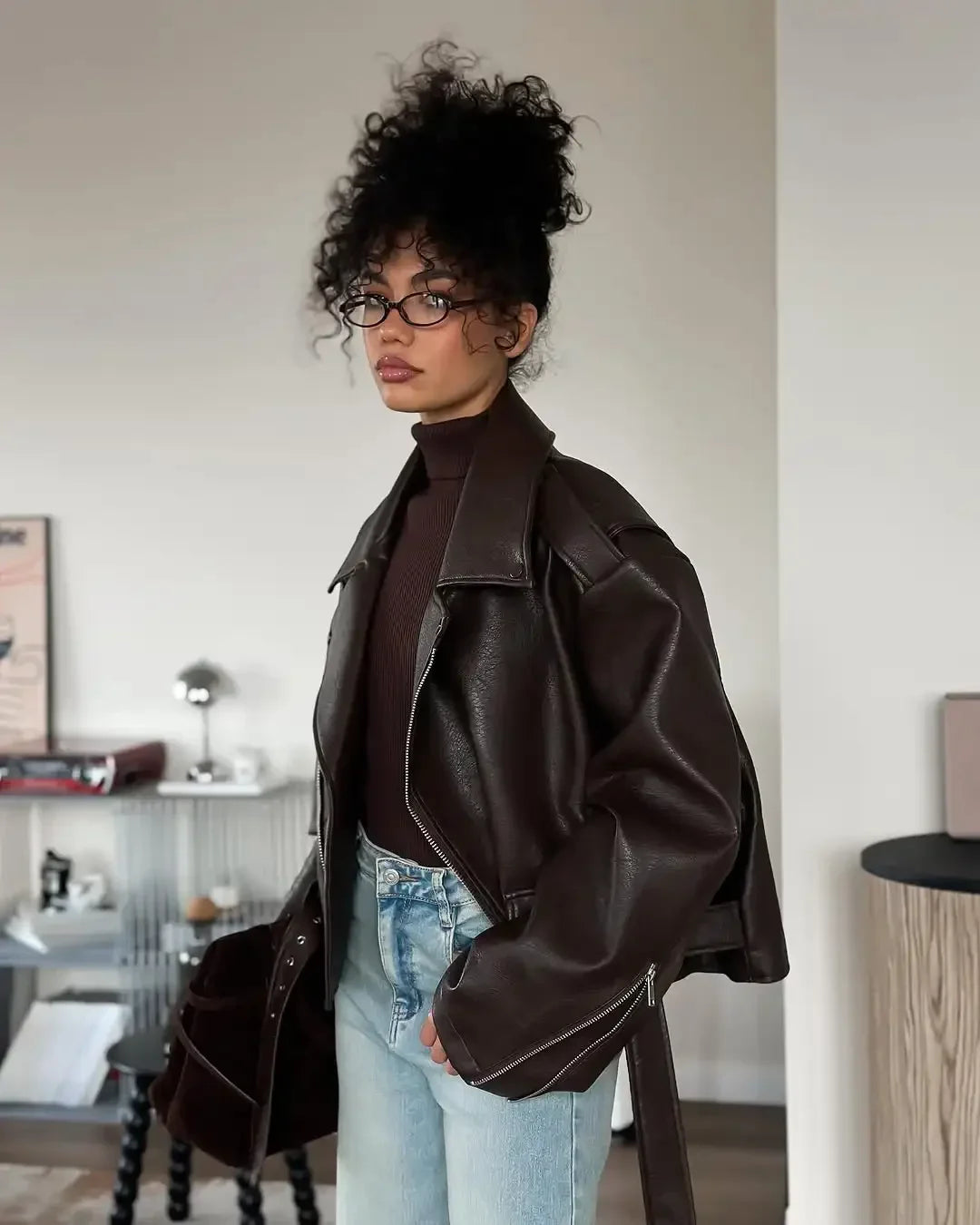 Women’s Brown PU Leather Motorcycle Jacket with Chic Streetwear Style Design